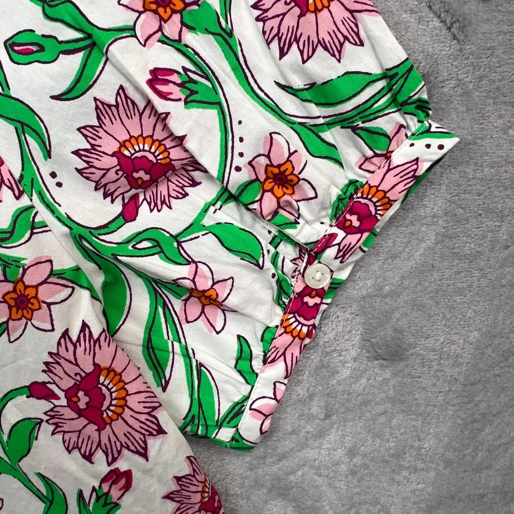 J.Crew Floral V-Neck Blouse Women XS White Pink Green Puff Sleeve CK748 NEW